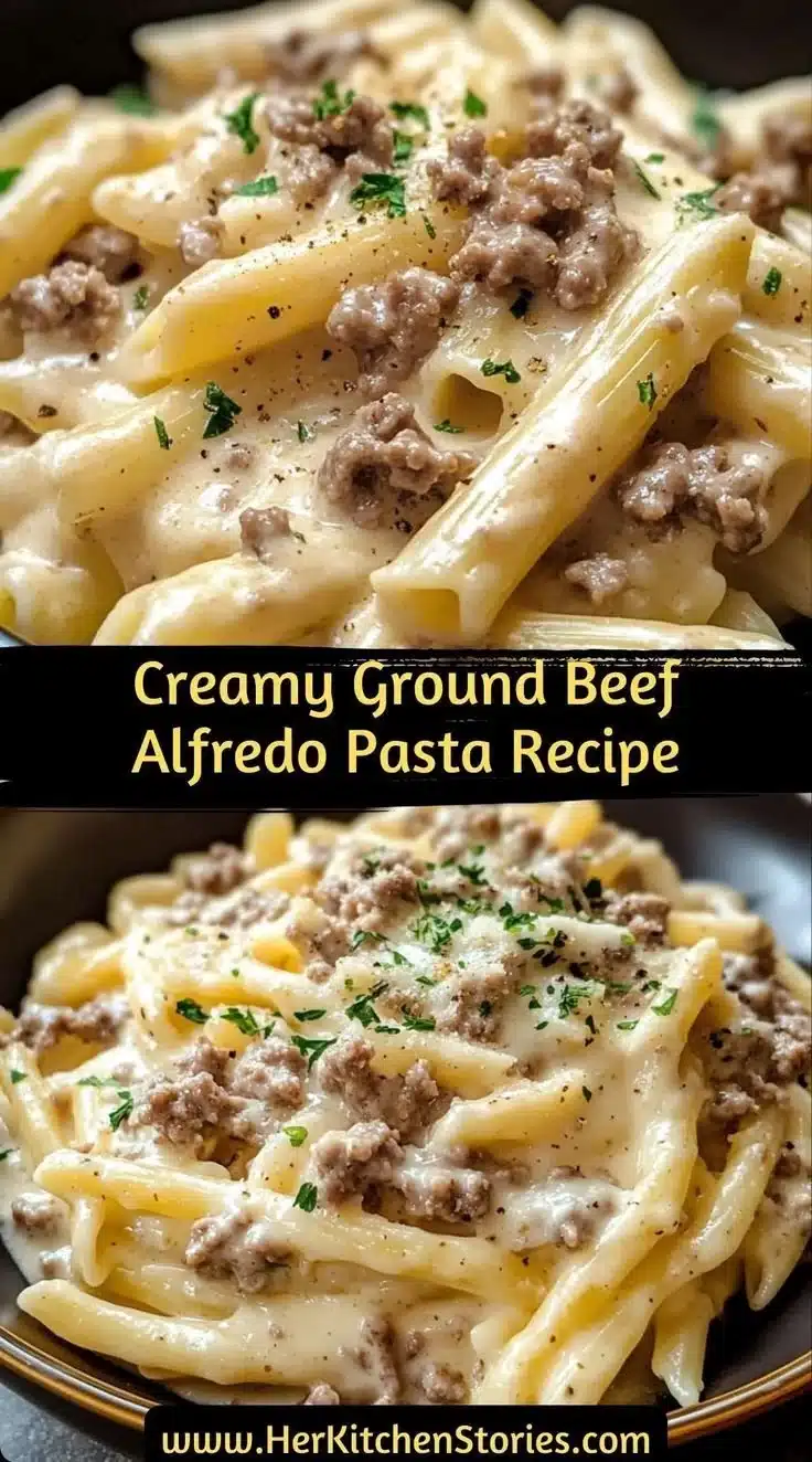 Creamy Ground Beef Alfredo Pasta served in a bowl with parsley garnish