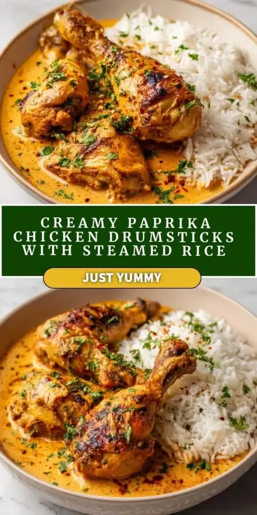 Creamy paprika chicken drumsticks served with steamed rice