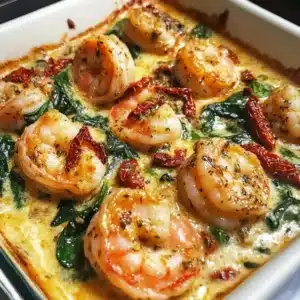 Delicious low-carb Shrimp Tuscan Bake served in a vibrant dish with fresh ingredients