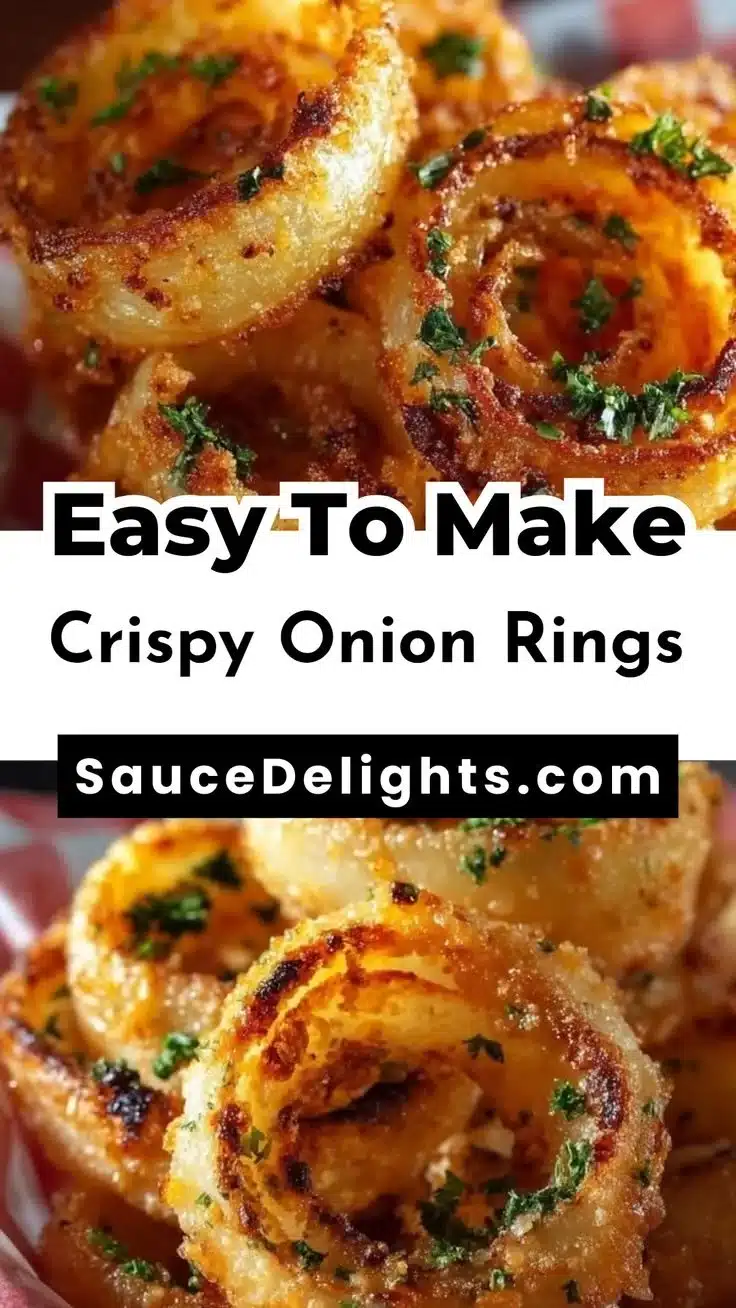 A plate of crispy golden onion rings with a dipping sauce