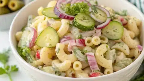 Creamy and tangy dill pickle pasta salad in a serving bowl