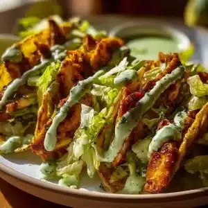 Delicious dill pickle ranch smash chicken tacos ready to be served.