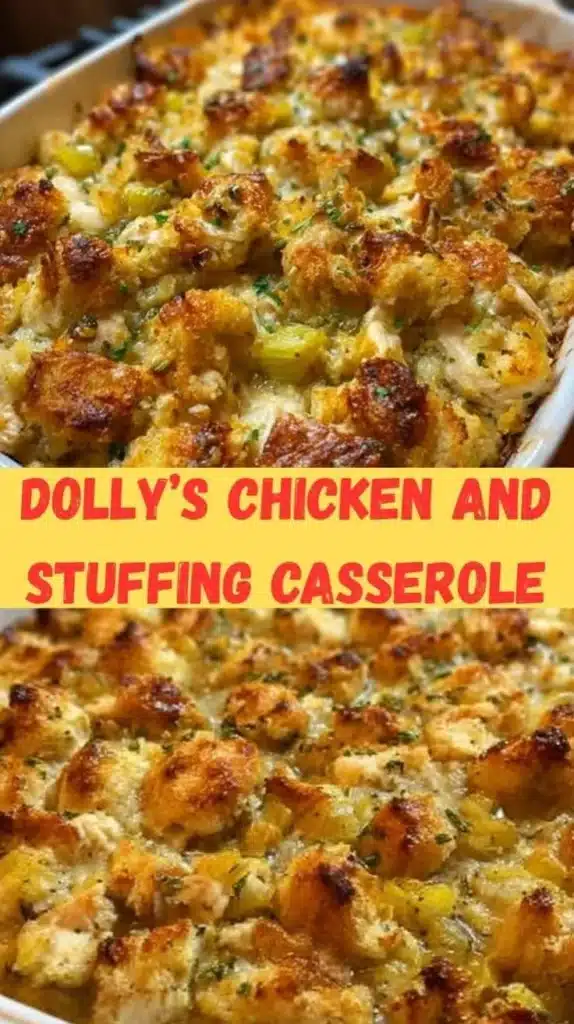 Dolly's Chicken and Stuffing Casserole ready to serve with golden crust