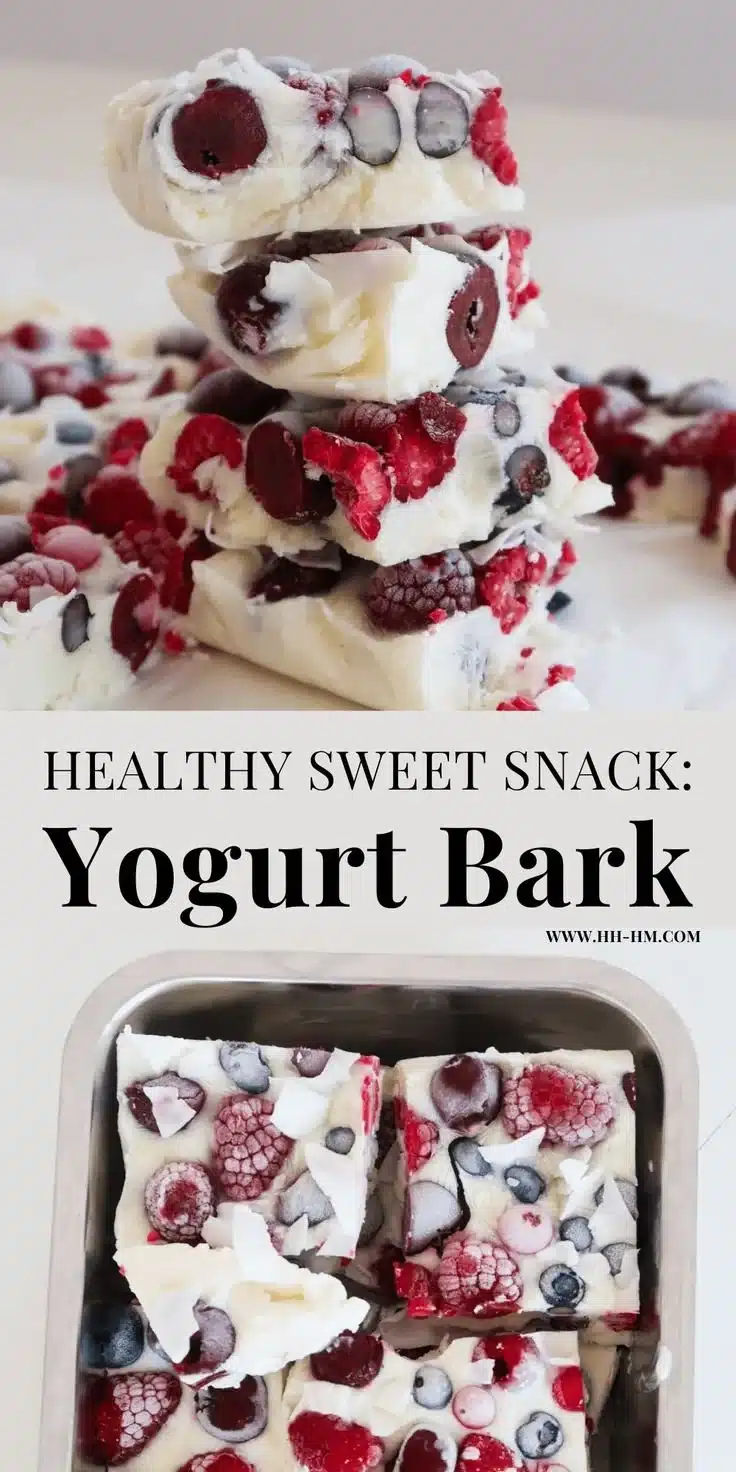 Homemade easy yogurt bark topped with fresh fruits and nuts