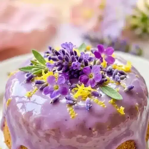 Elegant mini lemon cakes with lavender glaze decoratively arranged on a plate