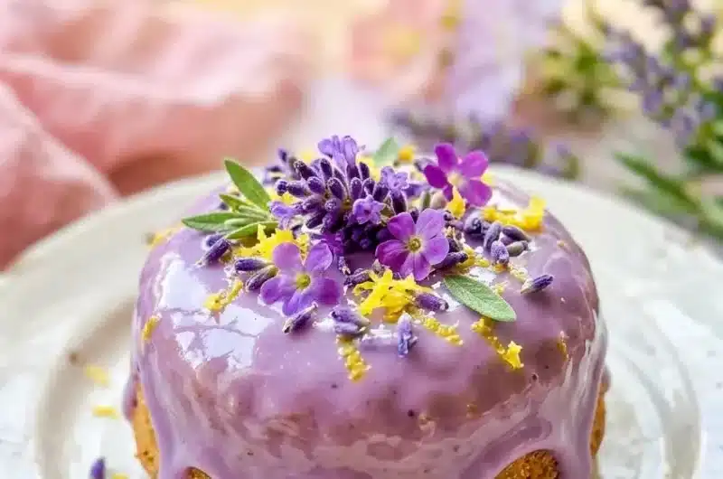 Elegant mini lemon cakes with lavender glaze decoratively arranged on a plate