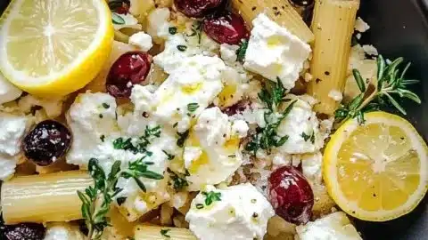 Feta Cranberry Rigatoni Salad with Lemon Vinaigrette served in a bowl