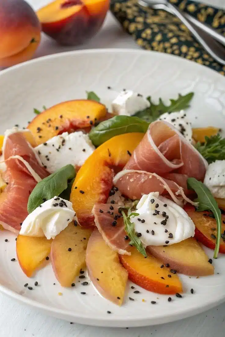 Fresh peach burrata salad with greens, peaches, and creamy cheese