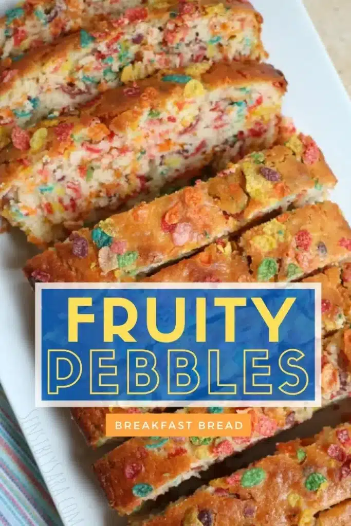 Colorful Fruity Pebbles Breakfast Bread on a plate with slices cut