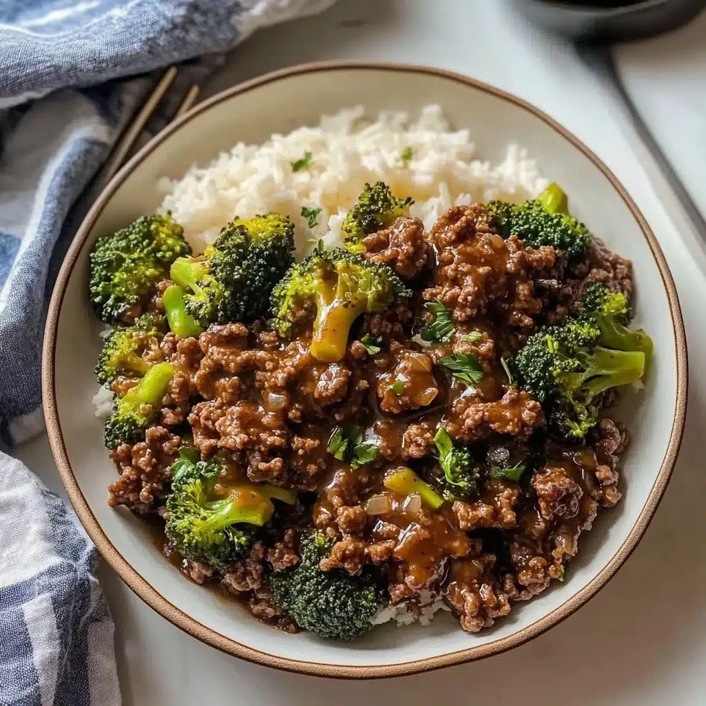 Plate of ground beef and broccoli stir-fry with rice