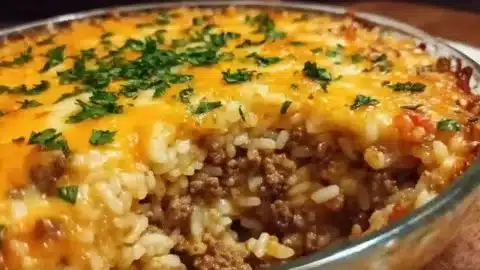 Delicious ground beef rice casserole fresh from the oven.