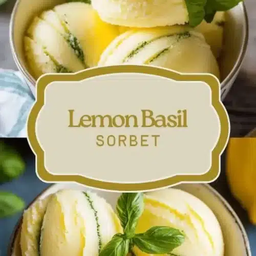 A bowl of lemon basil sorbet garnished with fresh basil leaves and lemon zest.