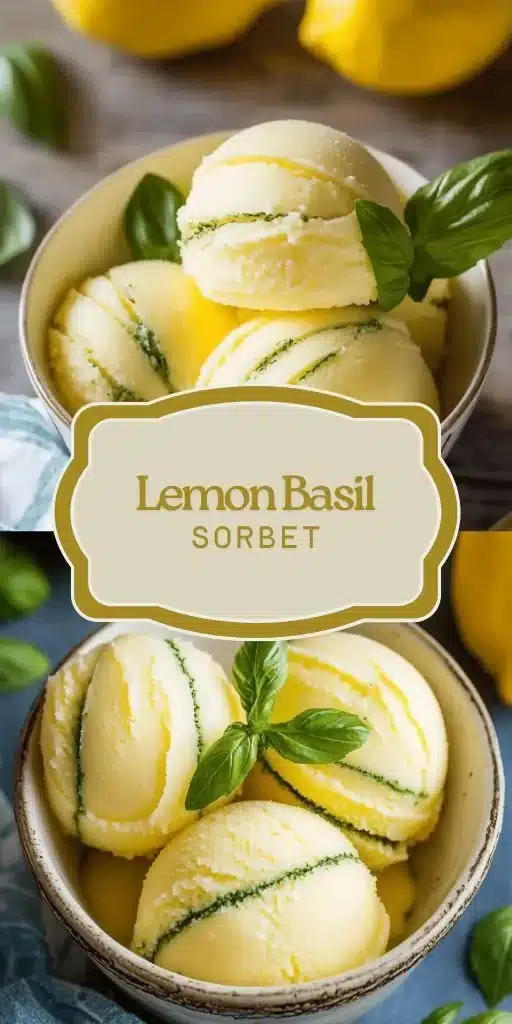 A bowl of lemon basil sorbet garnished with fresh basil leaves and lemon zest.