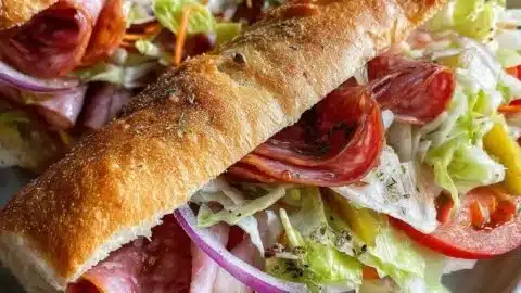 Delicious Italian Grinder Salad Sandwich piled high with fresh veggies and meats
