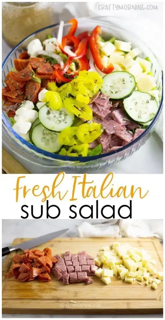 Delicious Italian Sub Salad with fresh veggies, meats, and dressing.