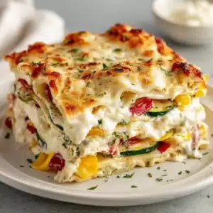 Loaded veggie white lasagna with fresh vegetables and creamy sauce