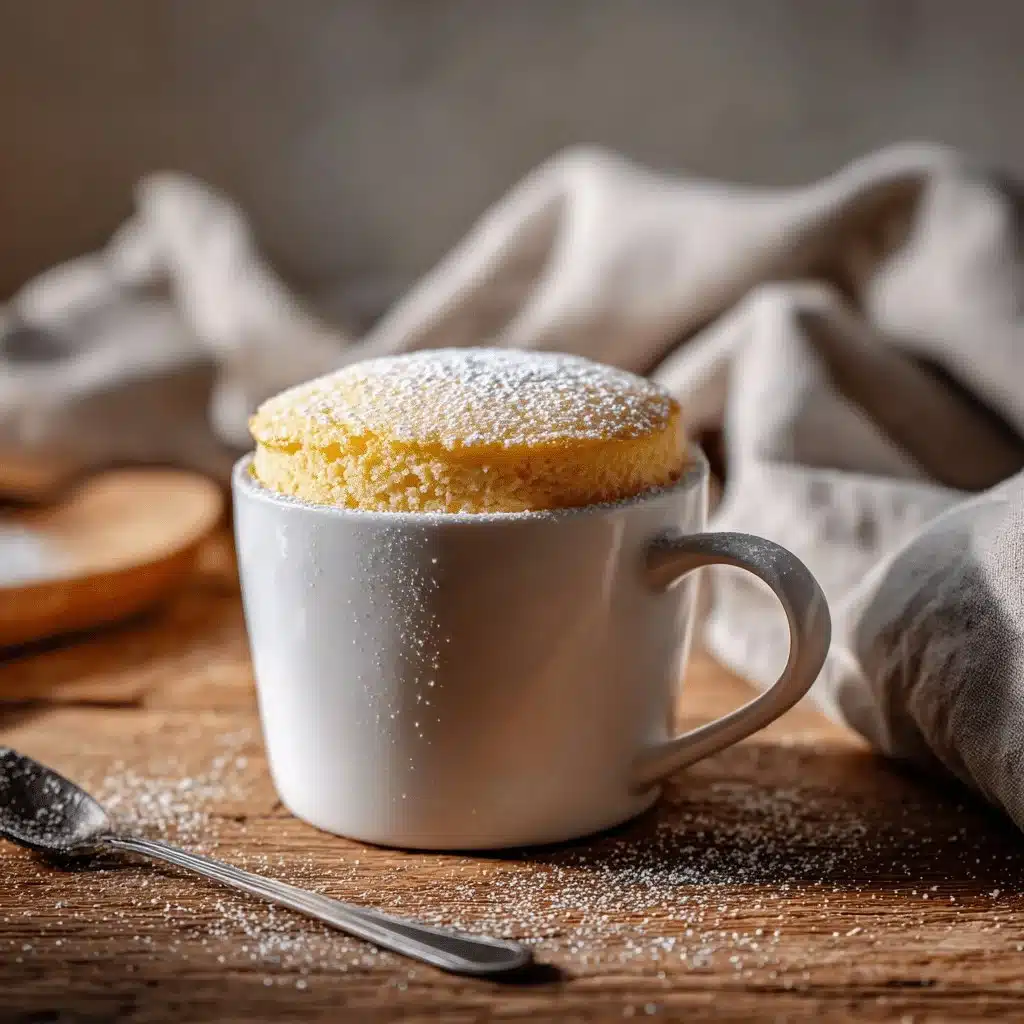 Low-calorie vanilla mug cake in a white mug on a wooden table