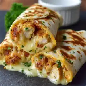 Low carb cheesy garlic chicken wraps on a plate ready to serve.