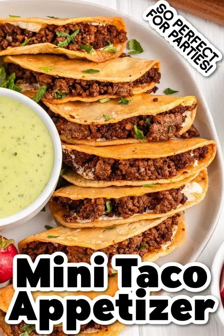 Delicious mini tacos served on a platter with toppings