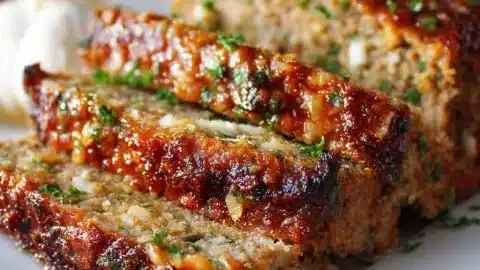 Delicious Garlic Parmesan Meatloaf served with mashed potatoes and greens.