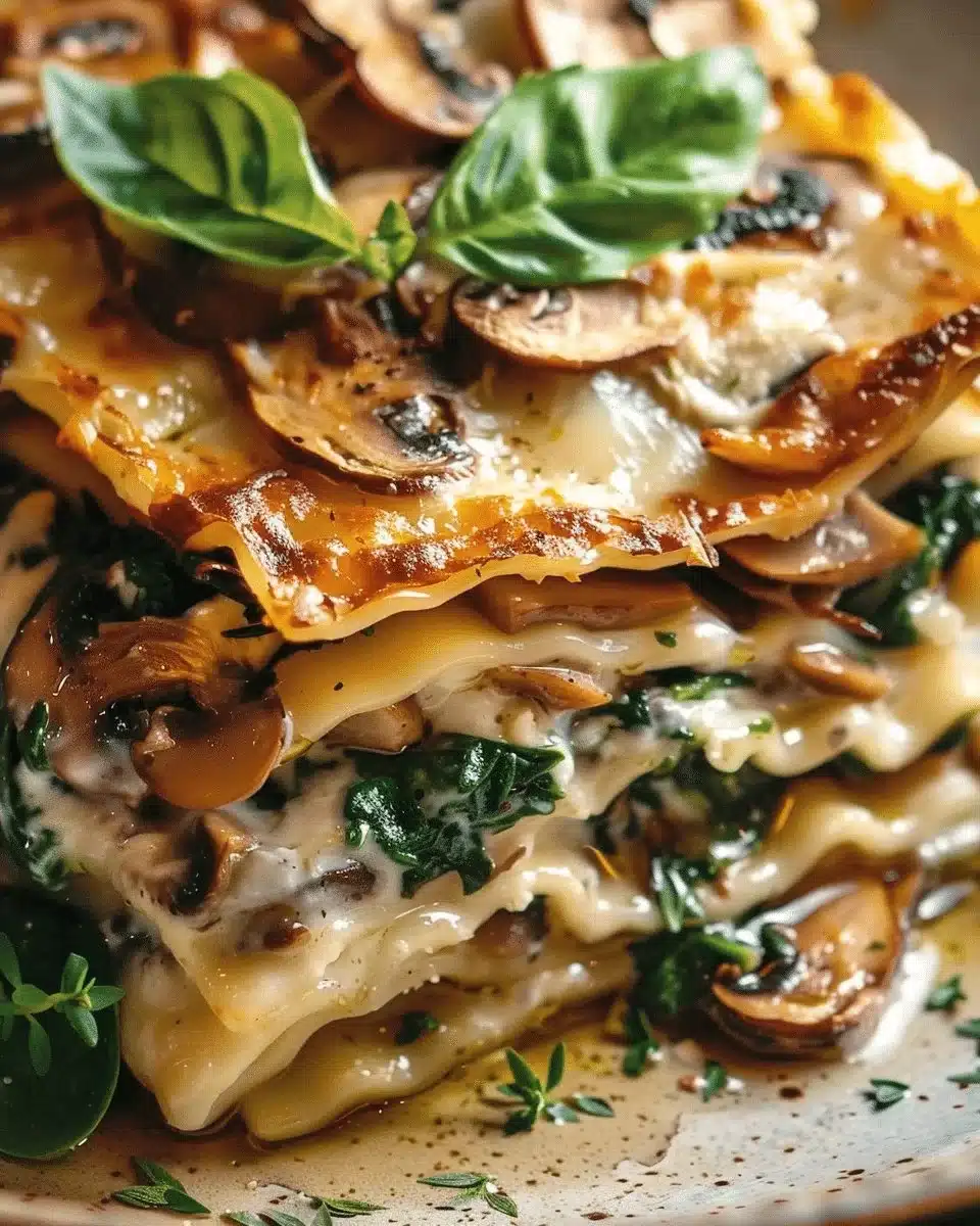 Layered Mushroom Spinach Lasagna with cheese and herbs on a plate