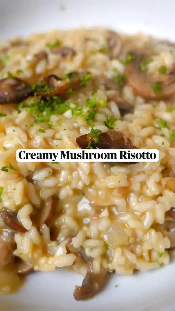Delicious bowl of creamy mushroom risotto topped with fresh herbs and cheese