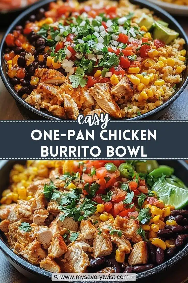 One-Pan Chicken Burrito Bowl with fresh ingredients and vibrant colors.