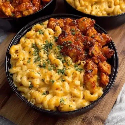 One-Pot Honey BBQ Chicken Mac and Cheese topped with cheese and herbs