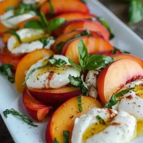 Peach Burrata Caprese Salad with fresh basil and ripe tomatoes on a plate