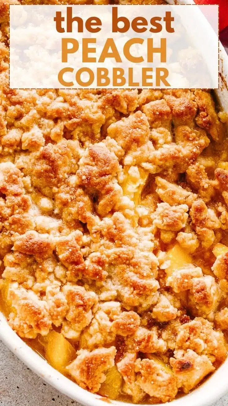 Delicious homemade Peach Cobbler served warm with ice cream