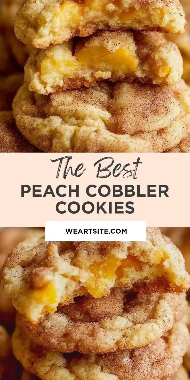 Delicious Peach Cobbler Cookies stacked on a plate with fresh peaches