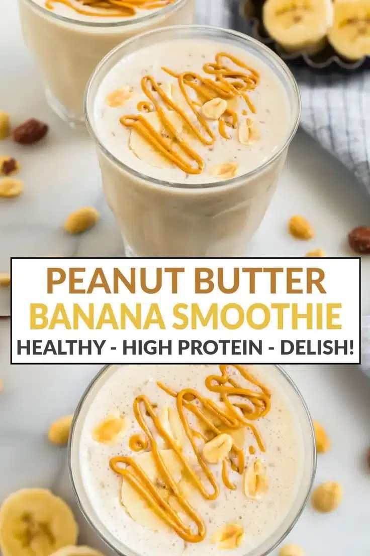 Delicious Peanut Butter Banana Smoothie in a glass with a banana and peanut butter backdrop