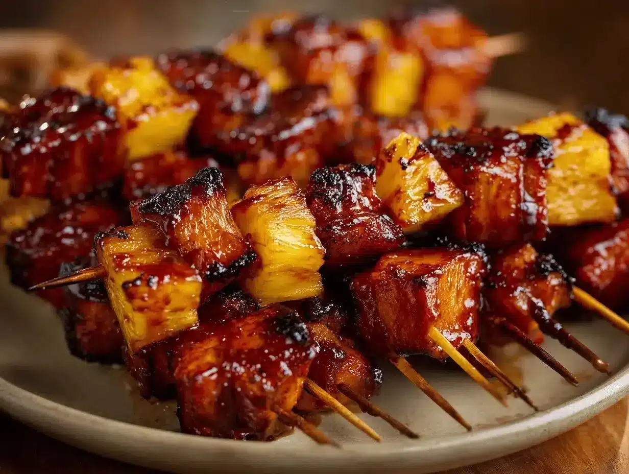 Delicious pineapple BBQ pork skewers grilled to perfection