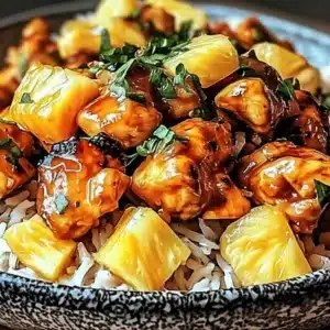 Plate of Pineapple Chicken and Rice garnished with fresh pineapple and herbs