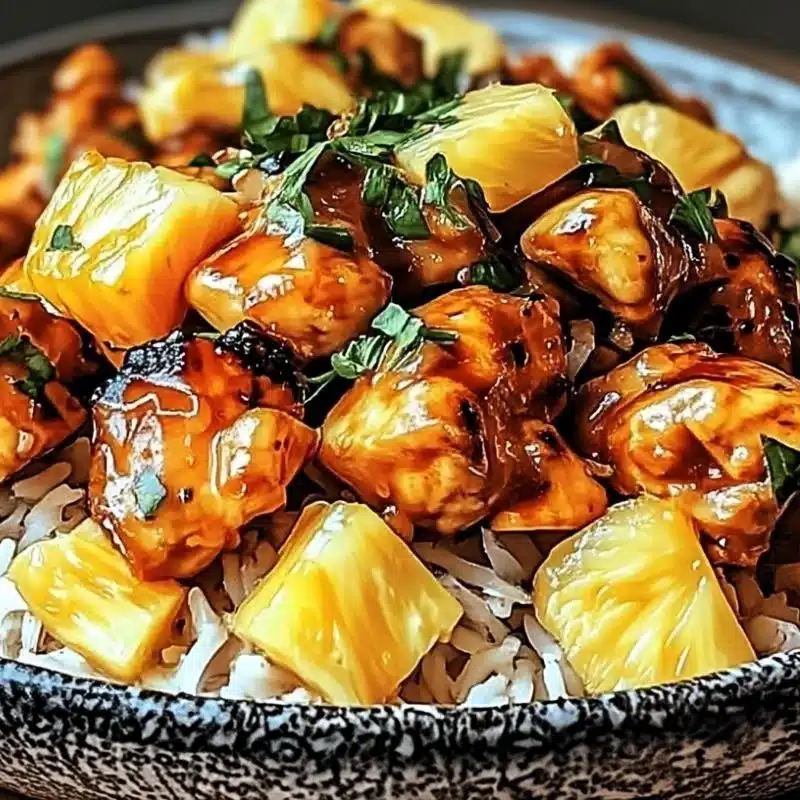 Plate of Pineapple Chicken and Rice garnished with fresh pineapple and herbs