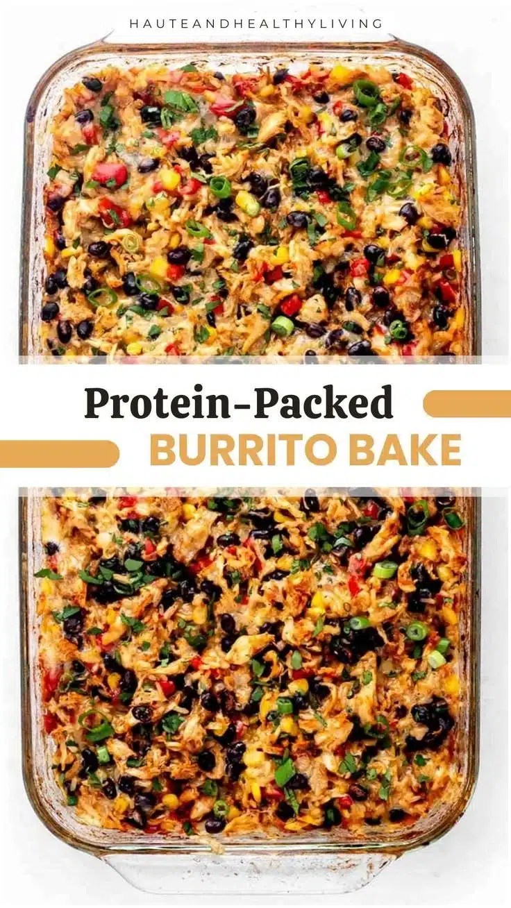 Protein Burrito Casserole topped with cheese and avocado slices