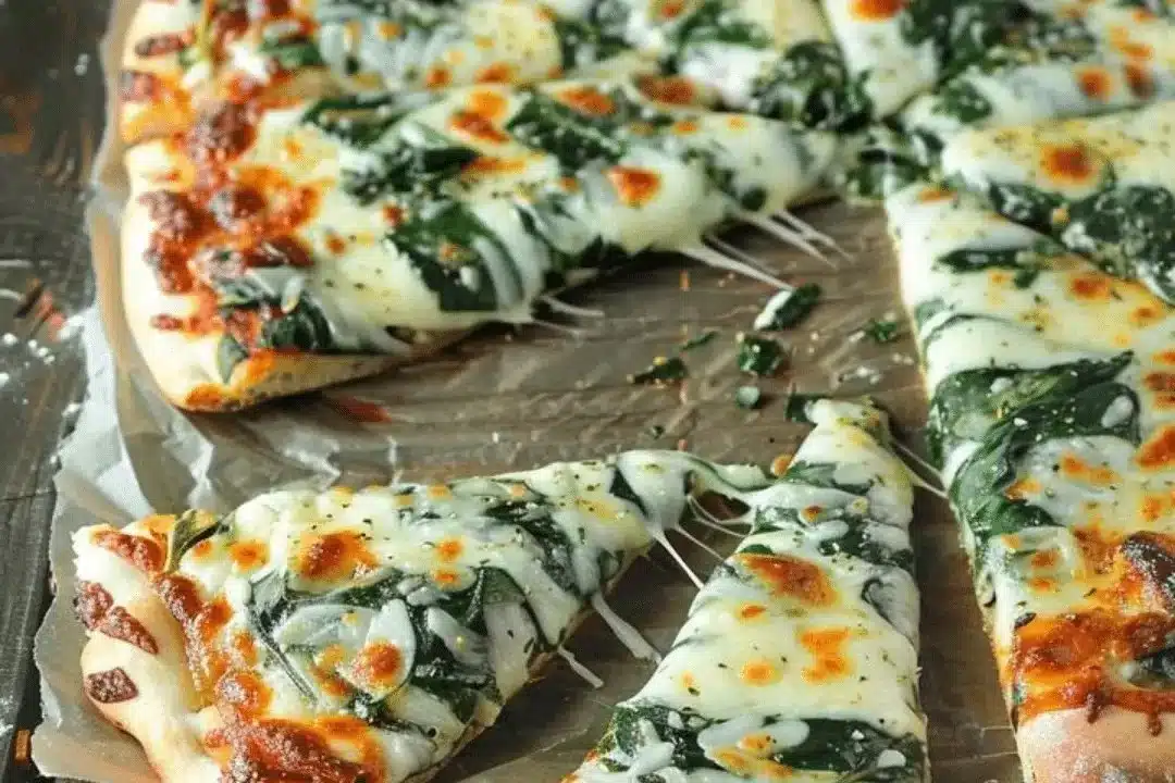 Roasted garlic spinach white pizza topped with fresh spinach and cheese