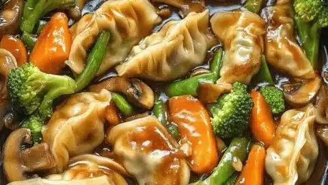 Delicious potsticker stir fry served in a colorful bowl.