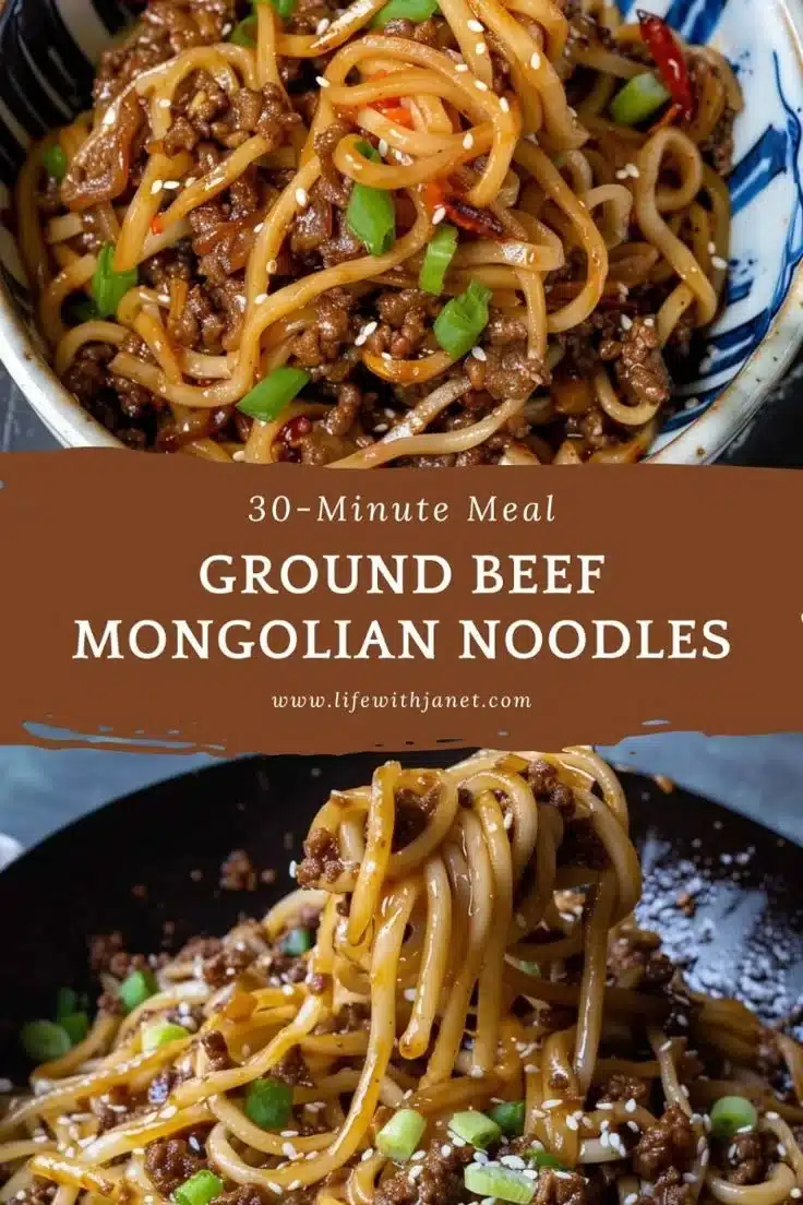 Delicious Savory Ground Beef Mongolian Noodles served in a bowl