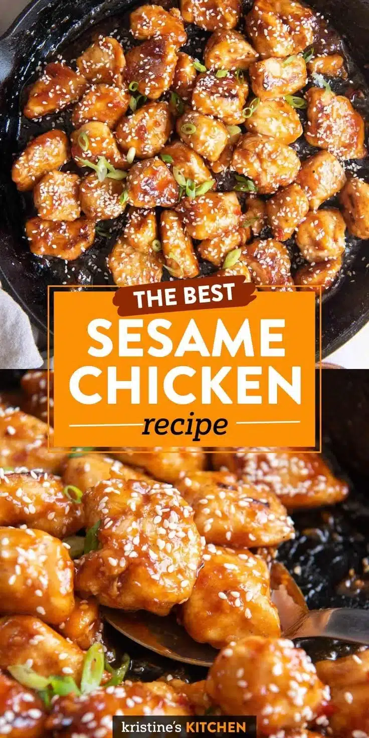 Plate of sesame chicken garnished with sesame seeds and vegetables