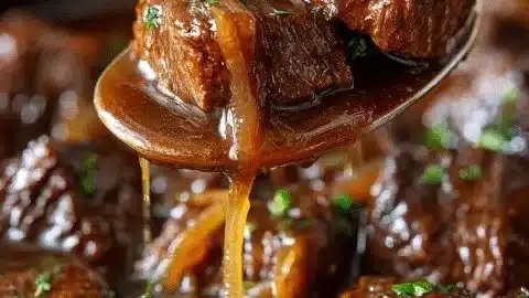 Slow cooker beef tips served in rich gravy on a plate