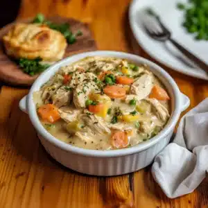 Delicious slow cooker chicken pot pie ready to be served.