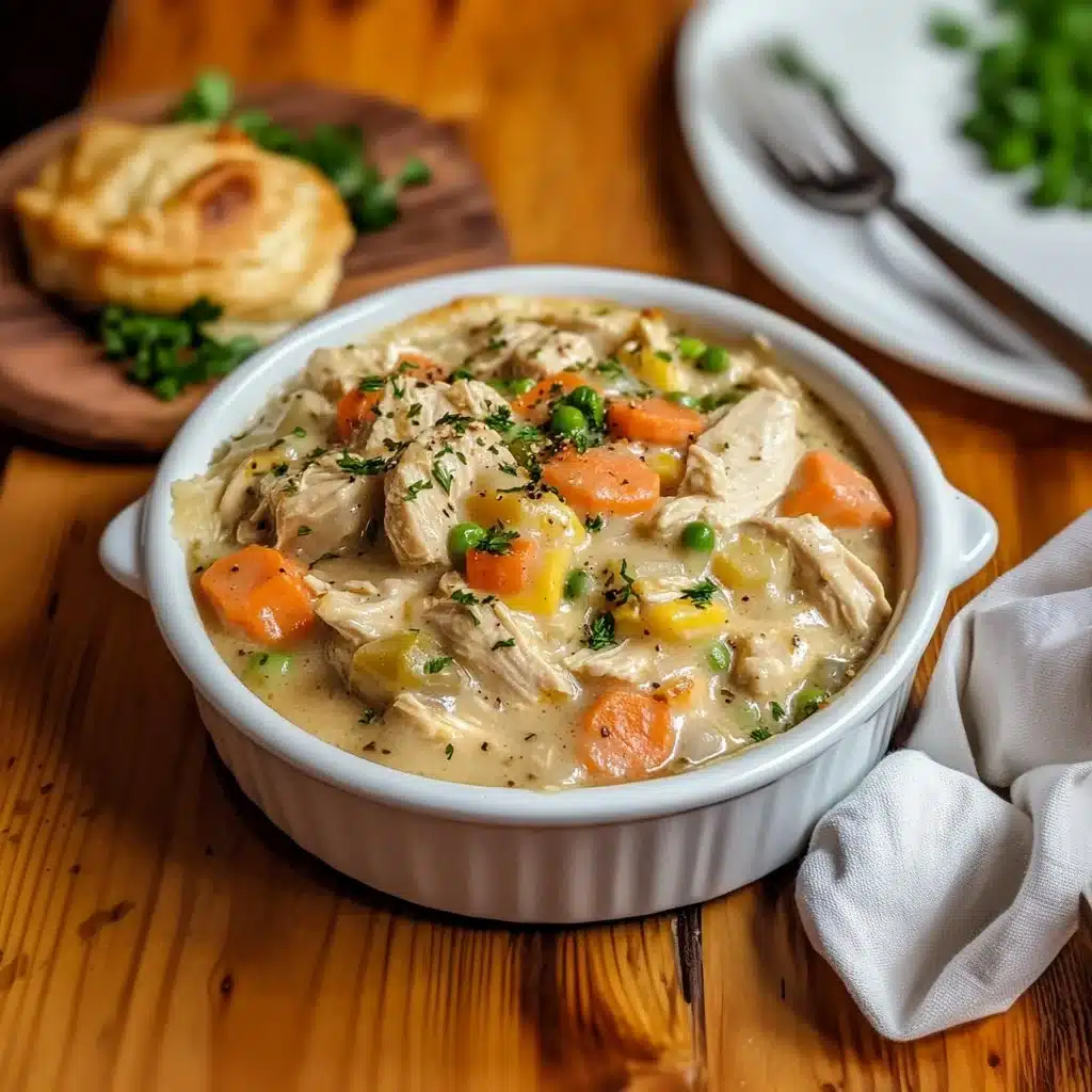 Delicious slow cooker chicken pot pie ready to be served.