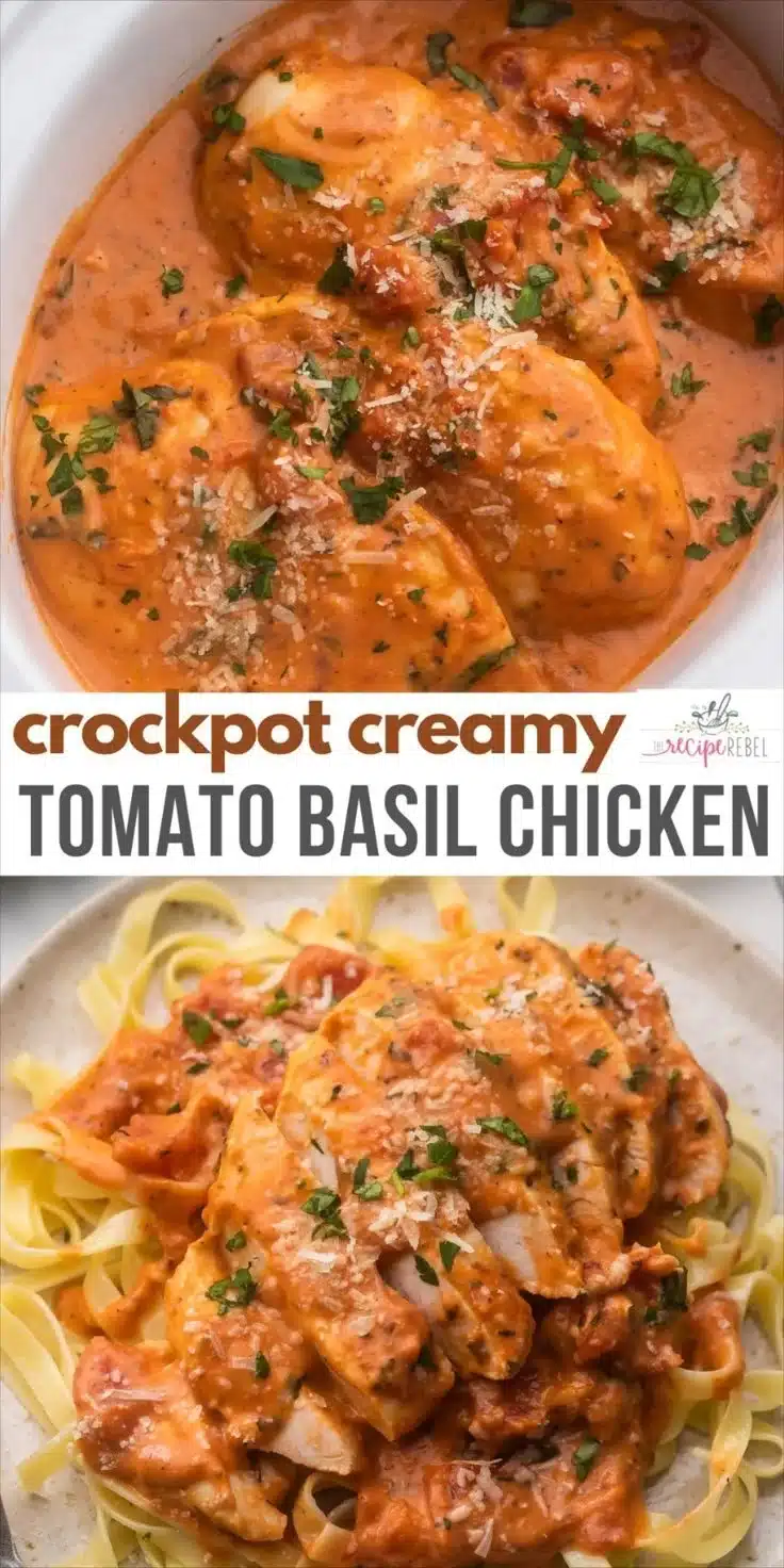 Creamy Tomato Basil Chicken in a slow cooker with fresh basil garnish