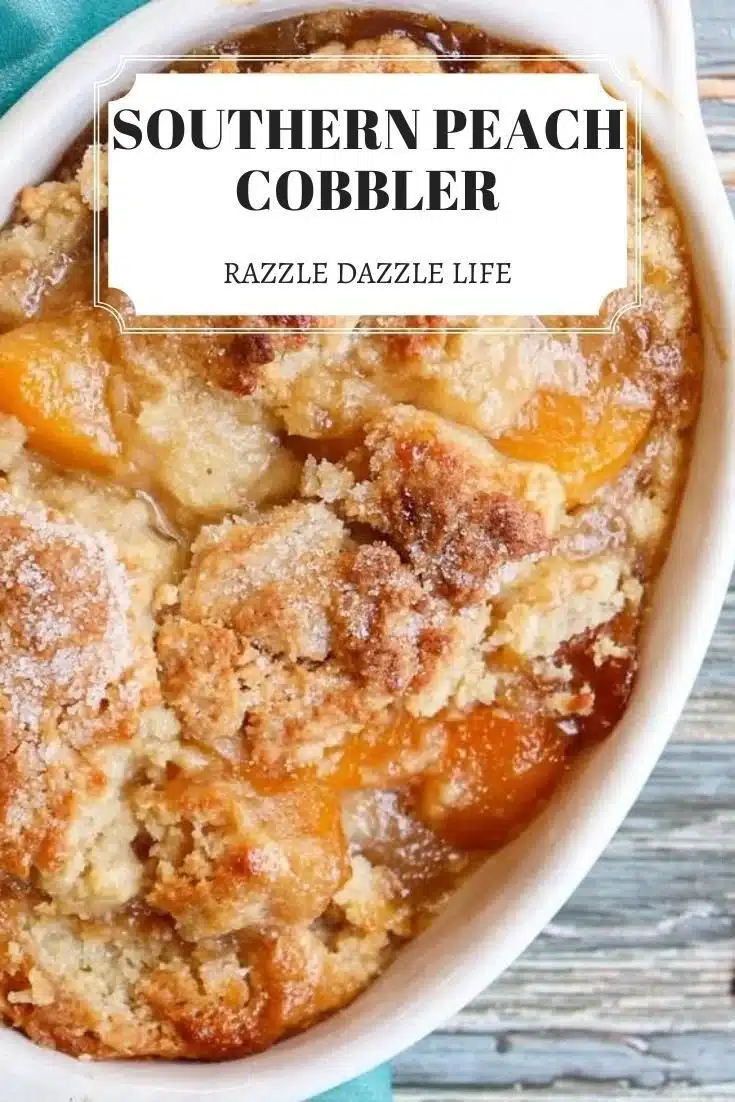 Homemade Southern peach cobbler with fresh peaches and golden crust