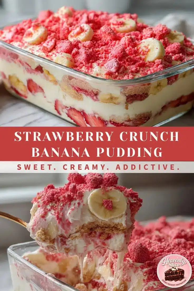 Delicious strawberry crunch banana pudding served in a bowl with fresh strawberries