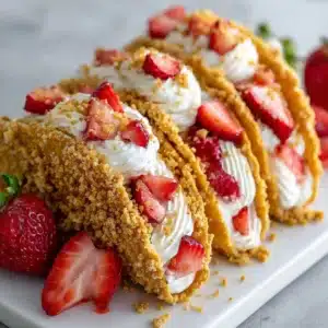 Strawberry cheesecake tacos garnished with fresh strawberries and a crunchy topping
