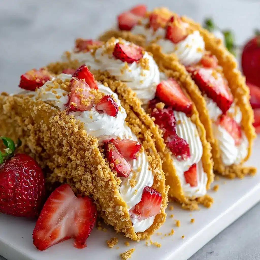 Strawberry cheesecake tacos garnished with fresh strawberries and a crunchy topping