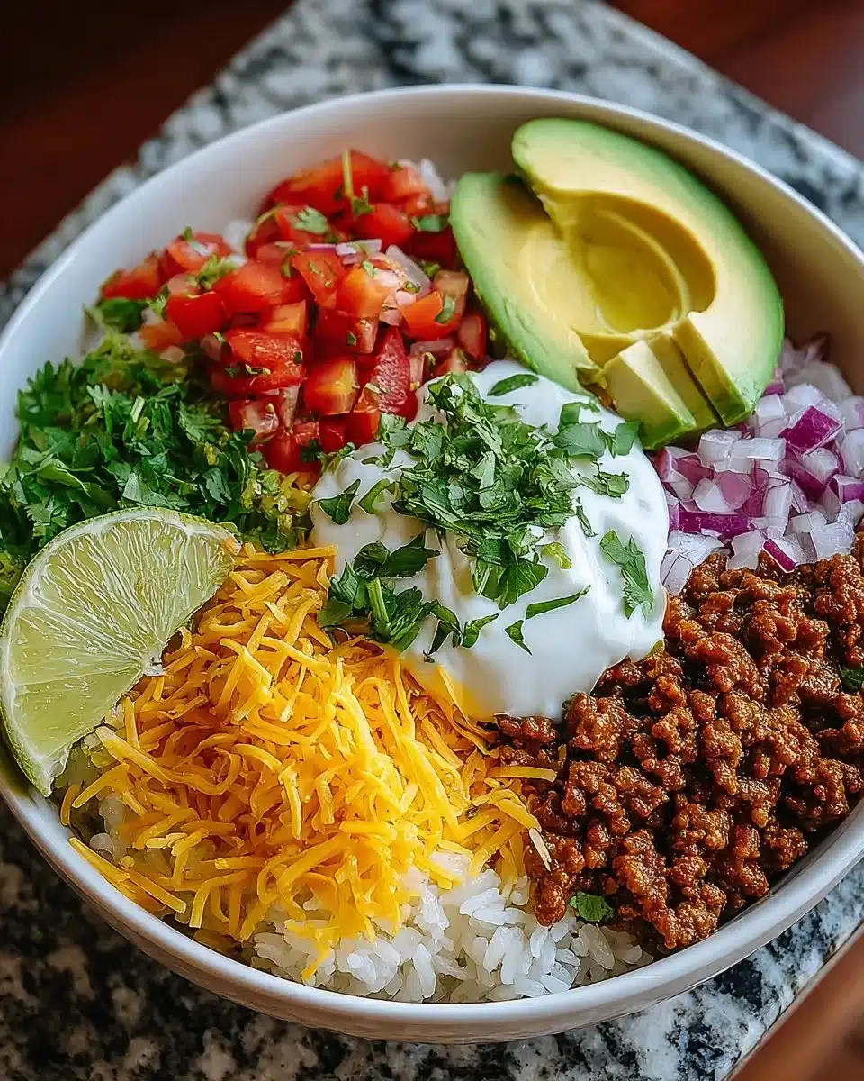 Delicious Taco Rice Bowl garnished with fresh ingredients and vibrant colors