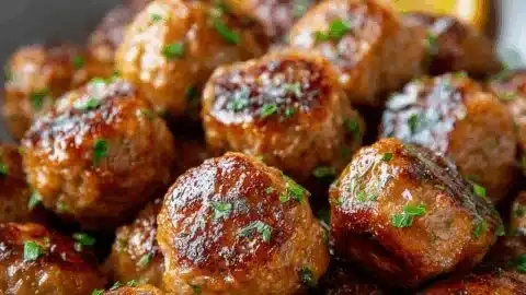 Tender Italian Beef Meatballs 2 Tender Italian beef meatballs served with sauce and herbs